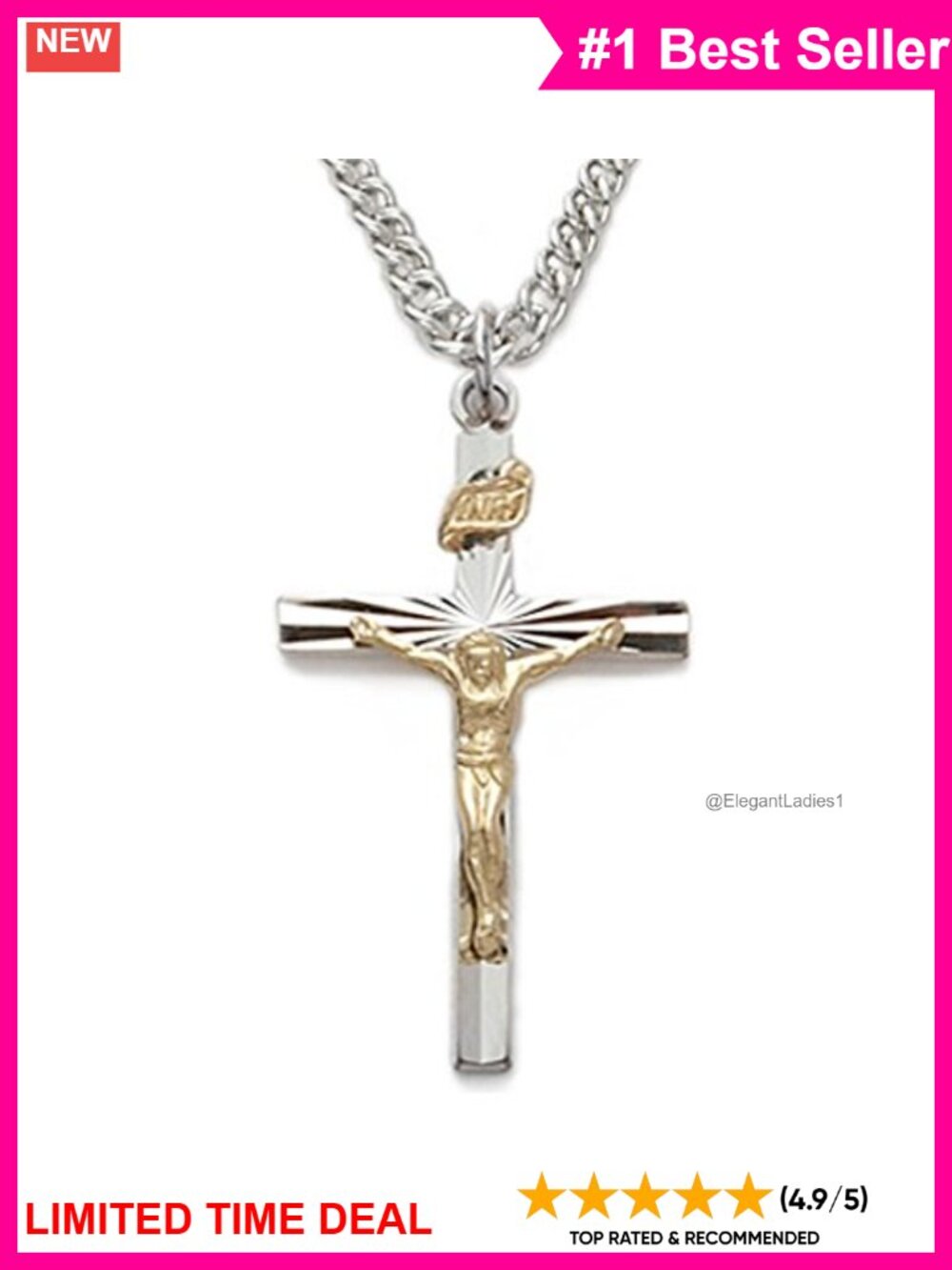Two-Tone Sterling Silver Gold Plated Crucifix Cross Pendant Necklace 1 Inch